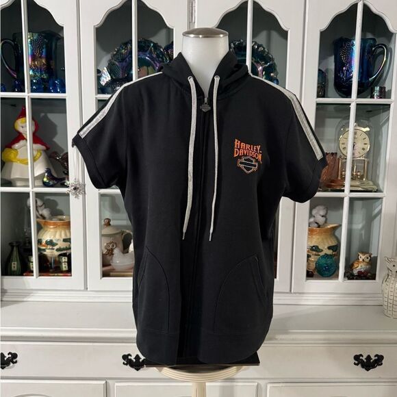 Harley-Davidson Hoodie Zip Up Shirt Size Large Black Short Sleeve - Picture 1 of 10
